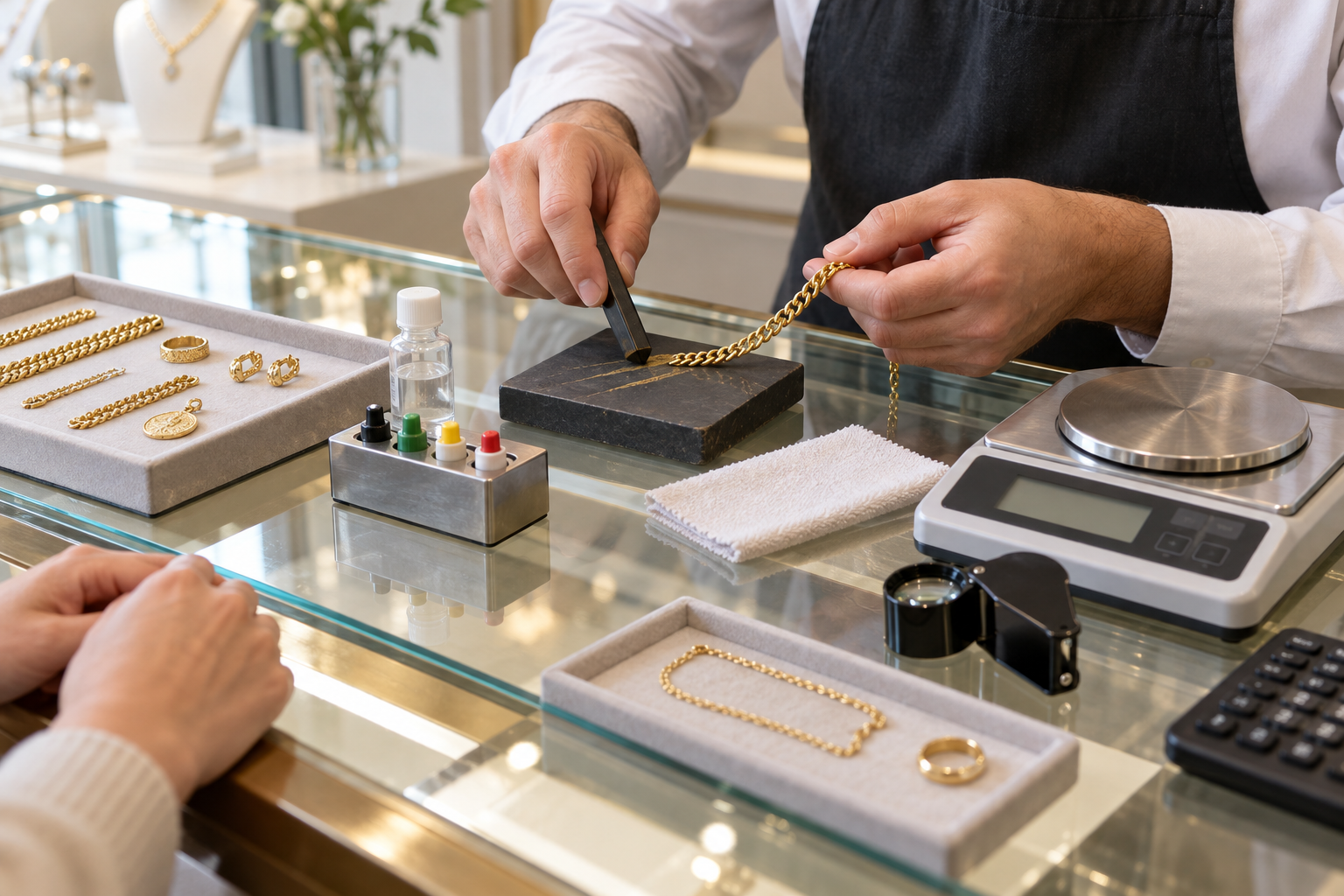 Jeweler testing a gold chain beside a calibrated scale during a transparent Galveston gold evaluation