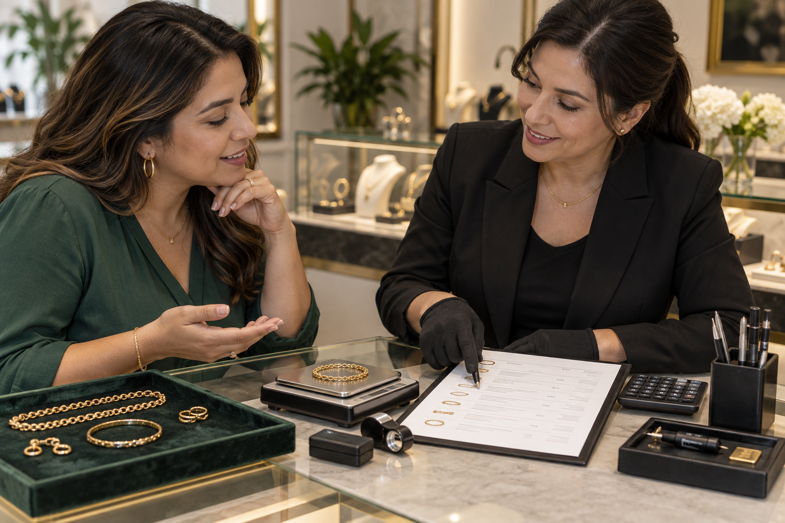 Hispanic Galveston customer receiving a clear bilingual gold jewelry evaluation from a jeweler